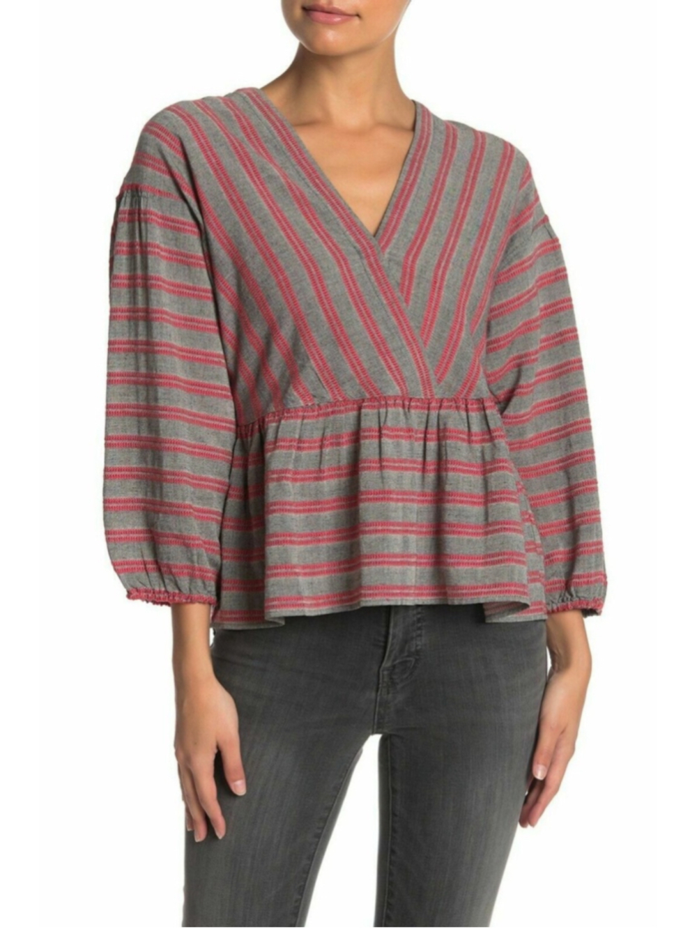 Madewell Striped Bubble-Sleeve Peplum Top XXS Grey Red